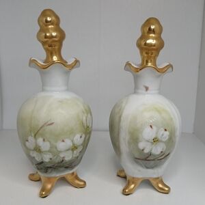 Vtg Set Of 2 Floral Print Gold Accent Perfume Bottles‎ With Stoppers